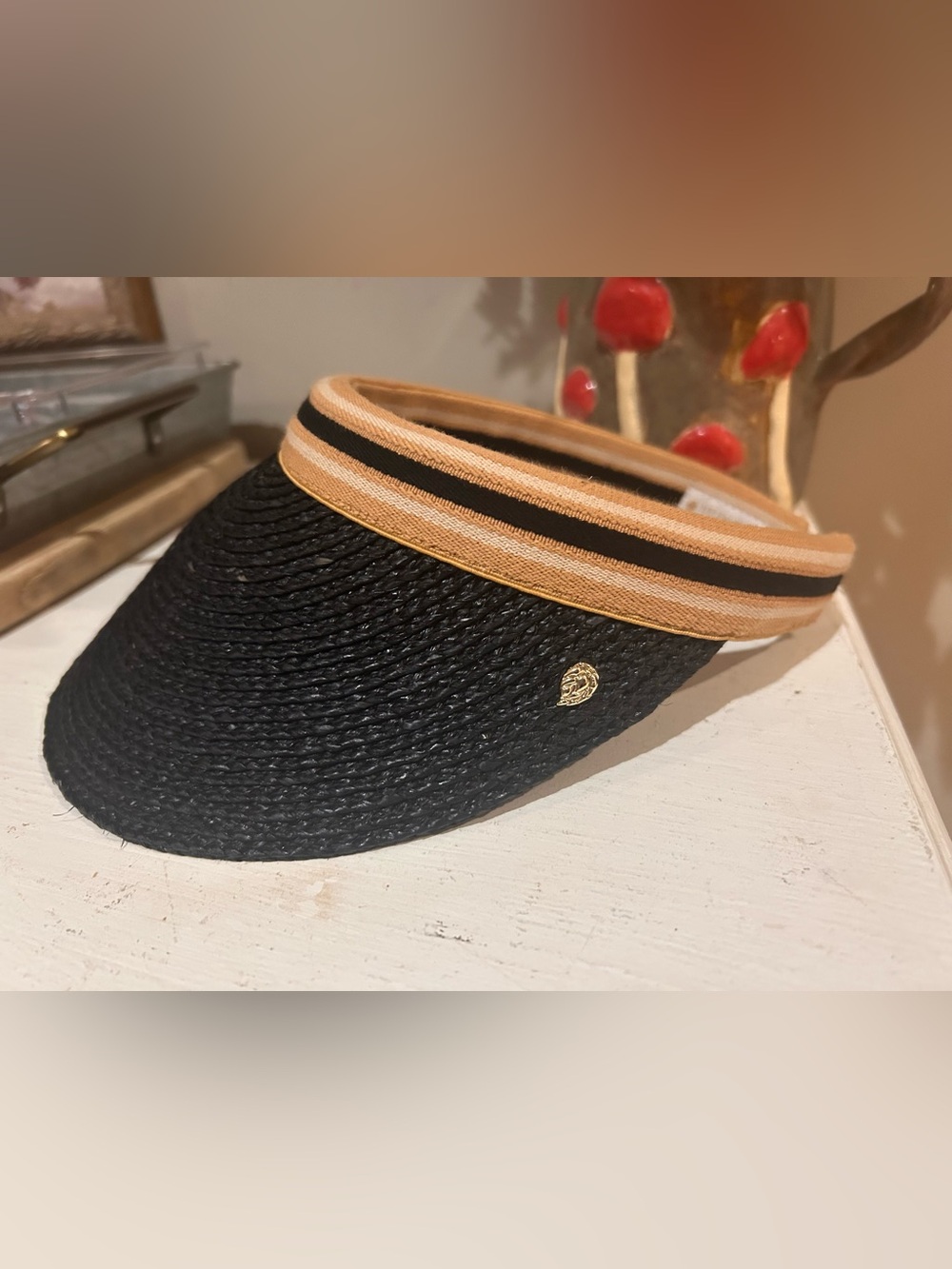 Helen Kaminski Visor Bianca 8 Stripe Visor Black and Tan 100% Raffia
